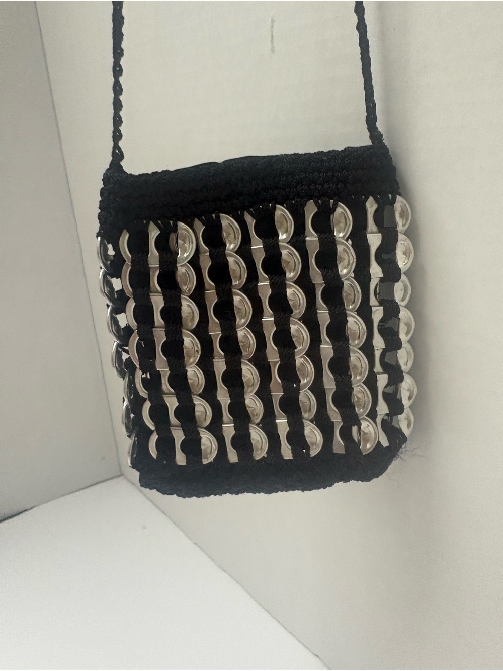 Handmade Black Beaded Crossbody Bag with Silver Accents